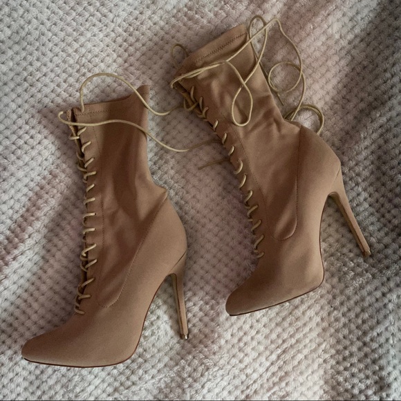Lola Shoetique Shoes - tan lace-up sock boots (Yeezy look-a-likes)